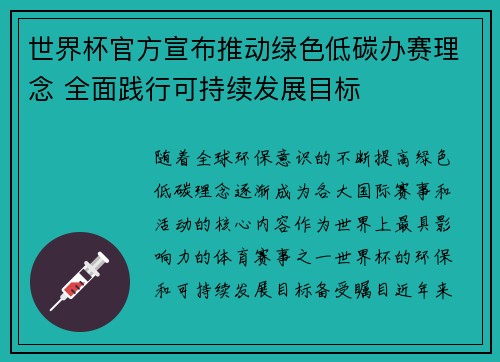 世界杯官方宣布推动绿色低碳办赛理念 全面践行可持续发展目标